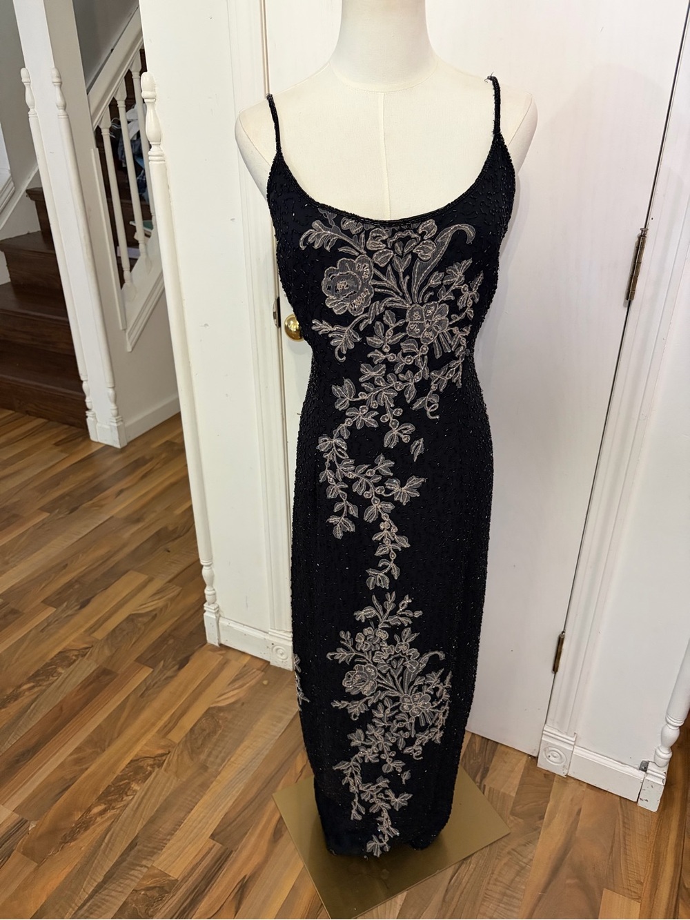 GORG Vintage Stenay Beaded Floral Black Tie Evening Slip Dress Gown Size 10, EUC
